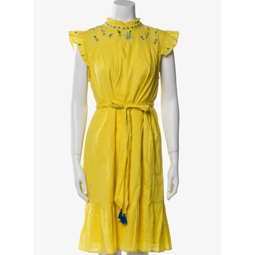 Banjanan Asha Dress L Yellow Embroidered Boho Western Festival Belt Tassel - Picture 5 of 6